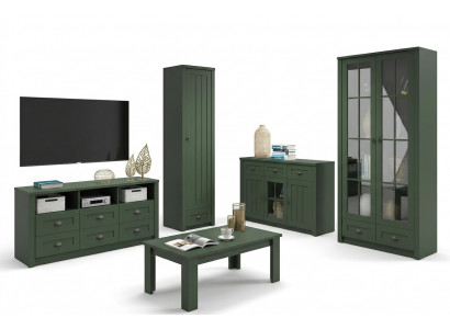 Wunnzëmmer Komplett Set Landhaus Miwwelen Set 5 Deeler. Wunnwand Holz Kommode Dësch