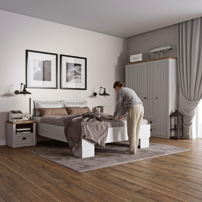 Bett Nuetsdësch Kommod Kleederschaf 4-Stéck Schlofzëmmer Set Design Artdeco Landhaus