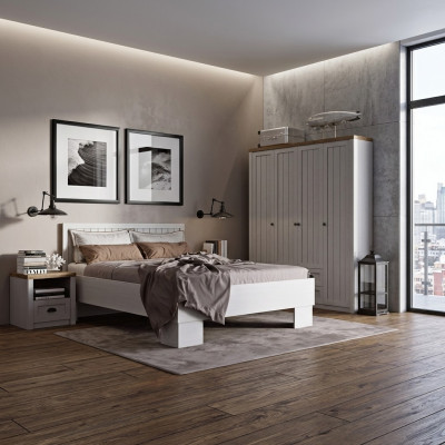 Bett Nuetsdësch Kommod Kleederschaf 4-Stéck Schlofzëmmer Set Design Artdeco Landhaus