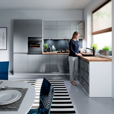 Modern Kichen L Linn Kicheschaf Design Miwwelen Moosfabrikatioun Kichenzeil Gro