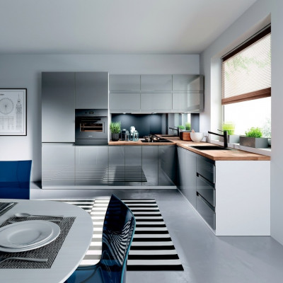 Modern Kichen L Linn Kicheschaf Design Miwwelen Moosfabrikatioun Kichenzeil Gro