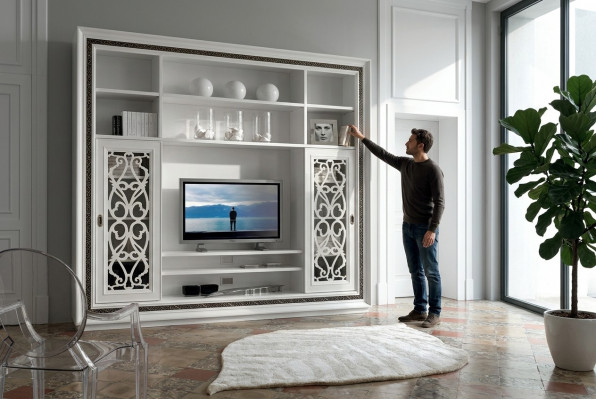Schaf Vitrin Holz Wunnzëmmer Miwwel TV Schafwänn Modern Design Wunnmauer