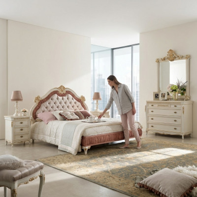 Design-Schlofzëmmer 5 Deeler Komplett-Set Bett Nuetsdësch Kommode Italienesch Sets