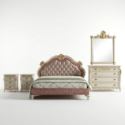 Design-Schlofzëmmer 5 Deeler Komplett-Set Bett Nuetsdësch Kommode Italienesch Sets