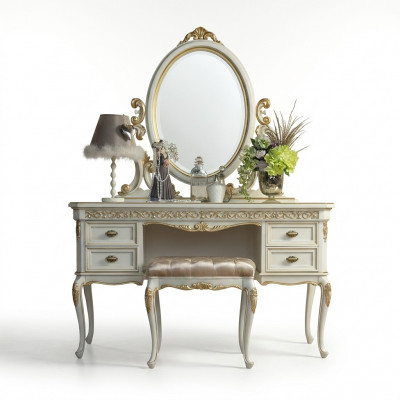 Make-up-Dësch Schlofkummer Hocker Set Kommode Dësch Klassesch Konsol Spigel