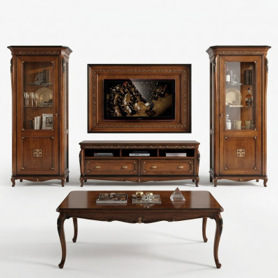 Set 4tlg. Wunnzëmmer rtv Vitrin Kommode Couchtisch Holz Luxus Garnitur Grupp