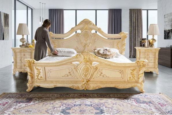 Schlofkummer Set Design Art déco Luxus Better Bett Nuetsdësch 3 Deeler.