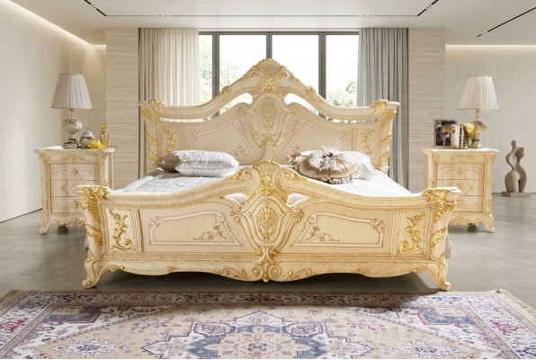 Schlofkummer Set Design Art déco Luxus Better Bett Nuetsdësch 3 Deeler.