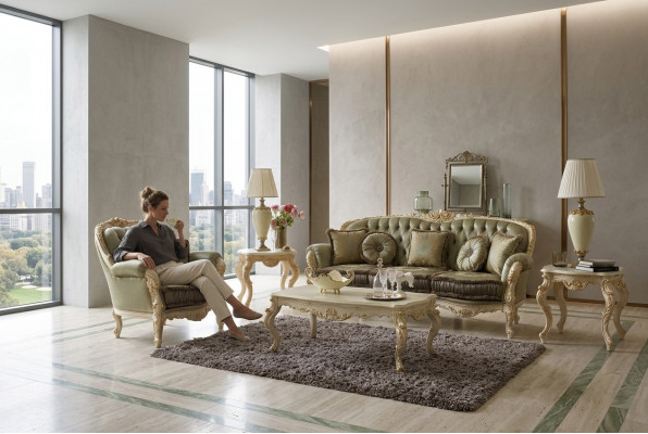 3+2 Sëtz Set Design Polster Sofas Textil Relax Klassesch Neien Braun