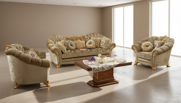 Luxus Miwwelen Sofagarnitur Canapé Sofa Barock Rokoko Polster 3+1+1 Sëtzer Holz 3tlg