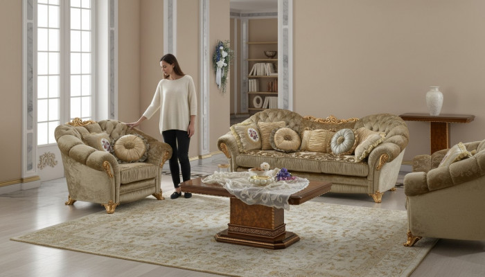 Design Pouf Sofas Textil Relax Modern Garnitur Beige Sëtzgrupp 3+1 Sëtzer