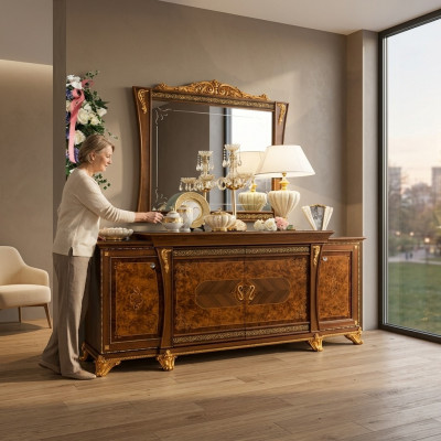 Kommoder Set Italienesch Miwwelen 2-Deeler Kommode mat Spigel Massivholz Sideboard