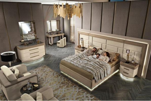 Design Luxus Schlofkummer Bett 2x Nuetsdëscher Kommode Garnitur Better 8-Deel-Set