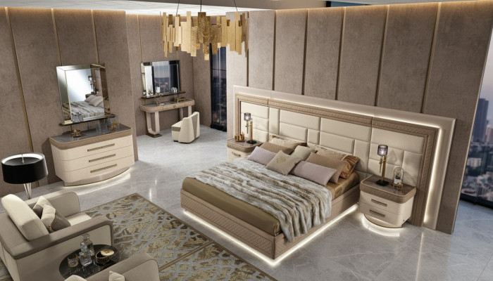 Design Luxus Schlofkummer Bett 2x Nuetsdëscher Kommode Garnitur Better 8-Deel-Set