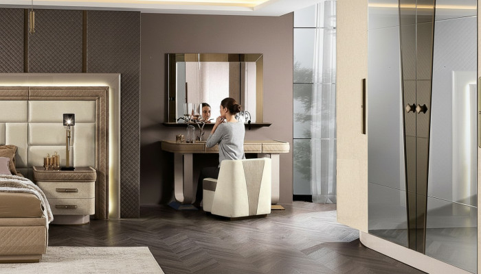 Make-up Dësch Schlofzëmmer Hocker Set Komoud Dësch Konsol Spigel