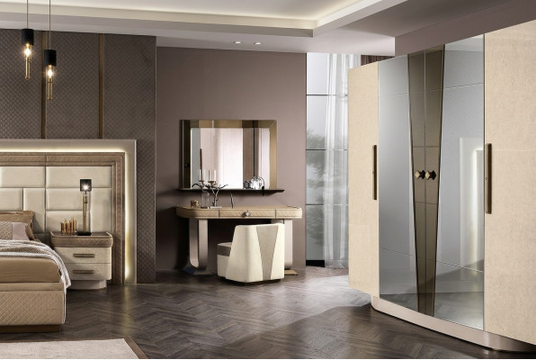 Make-up Dësch Schlofzëmmer Hocker Set Komoud Dësch Konsol Spigel