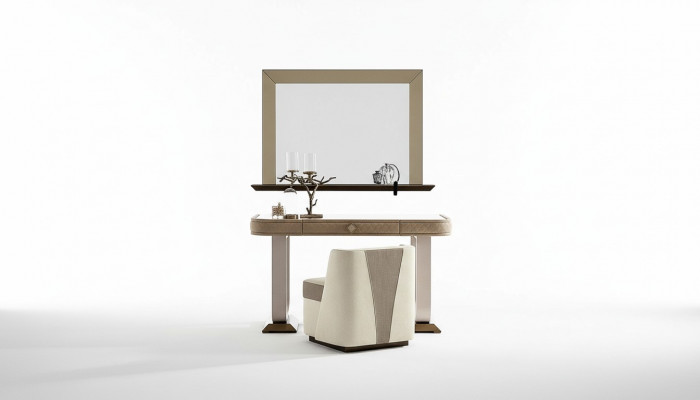 Make-up Dësch Schlofzëmmer Hocker Set Komoud Dësch Konsol Spigel