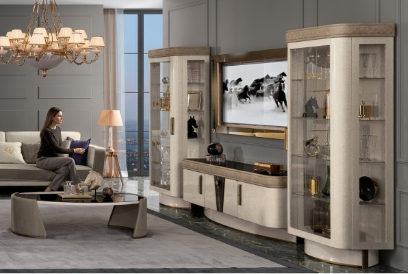 Wunnwand Set 4 Deel. Wunnzëmmer rtv Vitrin Regal Modern Garnitur Grupp Holz tv