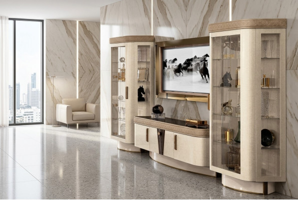 Wunnwand Set 4 Deel. Wunnzëmmer rtv Vitrin Regal Modern Garnitur Grupp Holz tv