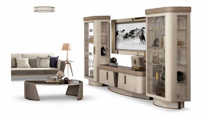 Wunnwand Set 4 Deel. Wunnzëmmer rtv Vitrin Regal Modern Garnitur Grupp Holz tv