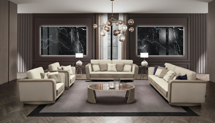 Luxus Miwwelen Sofagarnitur Canapé Sofa Polster 3 3 1 1 Sëtzer Miwwelstësch Holz 5-delegéiert.
