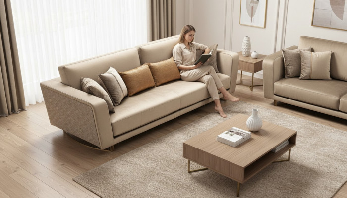 Designer-Däischlafer-Polstersofa mat modernen Design fir de Wunnzëmmer.