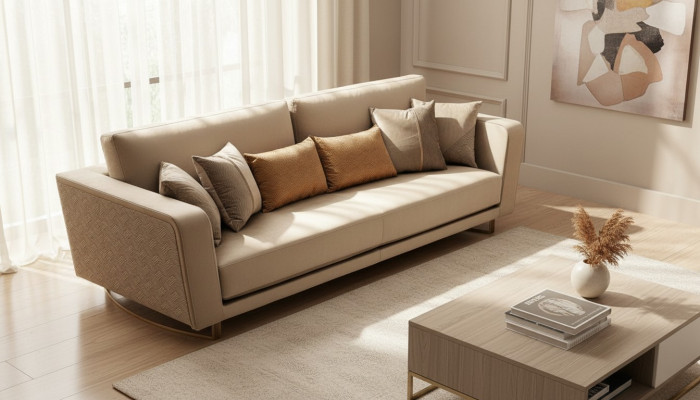 Designer-Däischlafer-Polstersofa mat modernen Design fir de Wunnzëmmer.