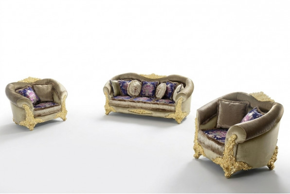 Klassesch Wunnzëmmerset mat 3+2+1 Sofen a Couchtisch mat goldenen Intarsien
