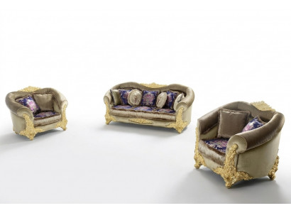 Klassesch Wunnzëmmerset mat 3+2+1 Sofen a Couchtisch mat goldenen Intarsien
