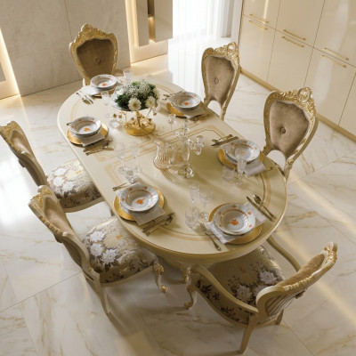 Design Iesszëmmer Set Garnitur Holz Miwwelen 2x Still mat Armleenen 4x Stull 7tlg.