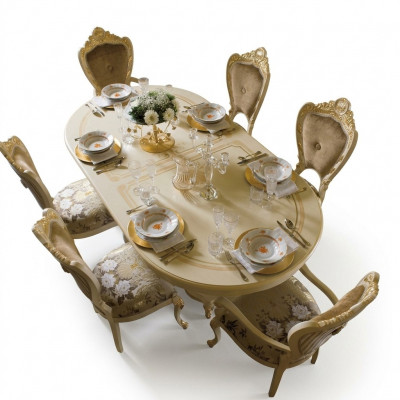 Design Iesszëmmer Set Garnitur Holz Miwwelen 2x Still mat Armleenen 4x Stull 7tlg.