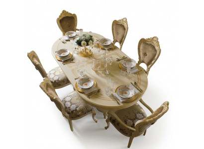 Design Iesszëmmer Set Garnitur Holz Miwwelen 2x Still mat Armleenen 4x Stull 7tlg.