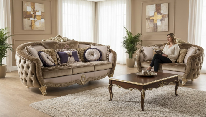 Klassesch Mokessen 3-Sëtzer Textil Couchen Textil Sofa Sofa Dräisëtzer Couch Nei