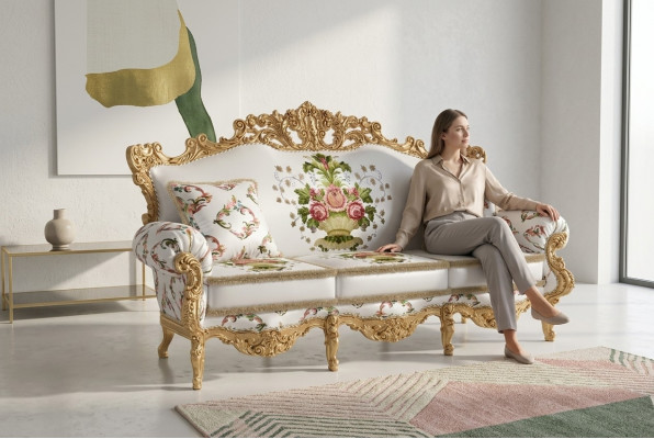Klassesch Design Polster Luxus Sëtz Sofa Couch Samt Textil 3 Sëtzer Neit Miwwel