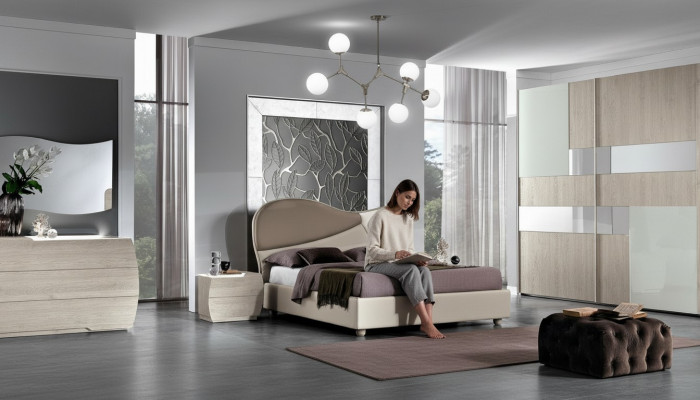 Schlofzimmer Komplett Set Kinnekräich Modern Bett Kleederschaf Nuetsschaf 5 Deeler
