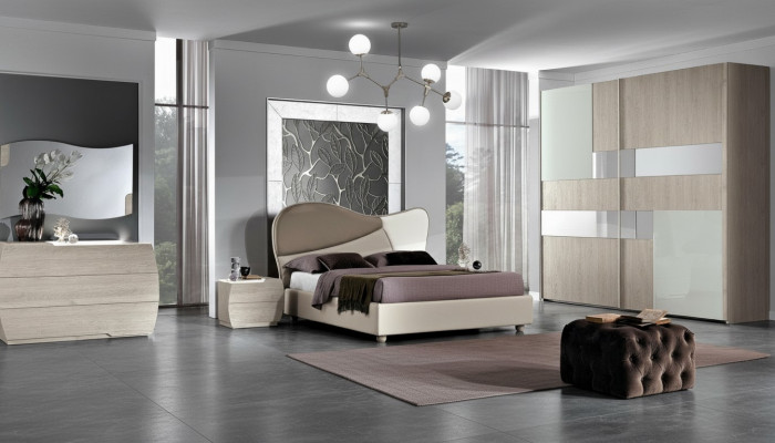 Schlofzimmer Komplett Set Kinnekräich Modern Bett Kleederschaf Nuetsschaf 5 Deeler