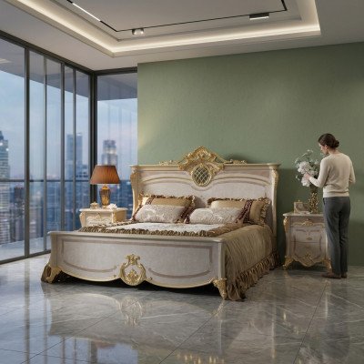 Schlofzëmmer-Miwwel-Set - Bett mat zwee Nuetsschräiner am moderne Stil.