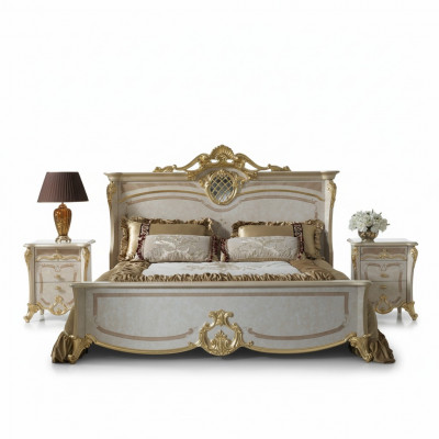 Schlofzëmmer-Miwwel-Set - Bett mat zwee Nuetsschräiner am moderne Stil.