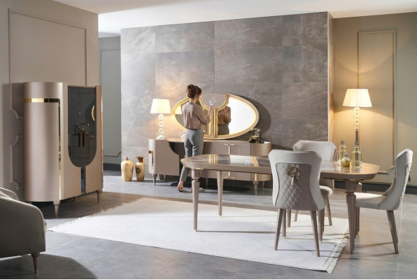 Design Iesszëmmer Set 8-Stéck Iessdësch Still Kommode Vitrinn Spigel Iessdëscher Holz