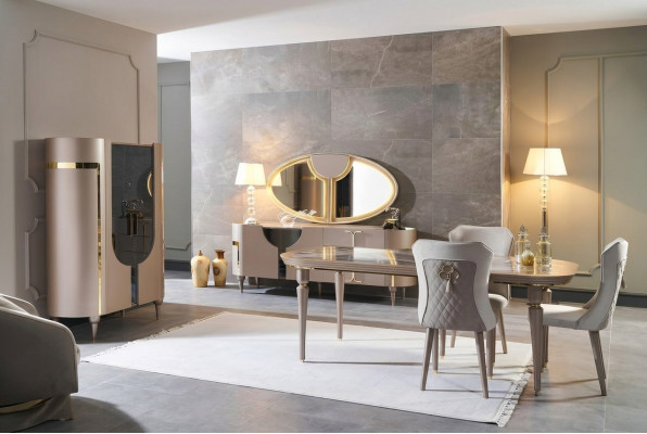Design Iesszëmmer Set 8-Stéck Iessdësch Still Kommode Vitrinn Spigel Iessdëscher Holz