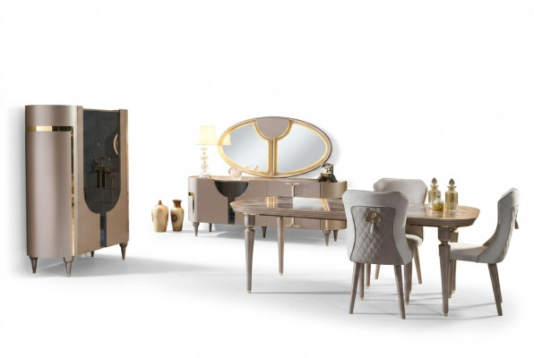 Design Iesszëmmer Set 8-Stéck Iessdësch Still Kommode Vitrinn Spigel Iessdëscher Holz