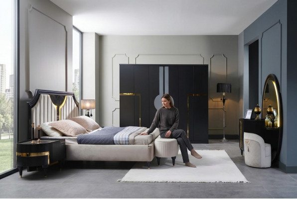 Schlofzëmmer Bett Nuetsdësch Kleederschaf Kommode Spigel Hocker Schwaarz 7-Deeler