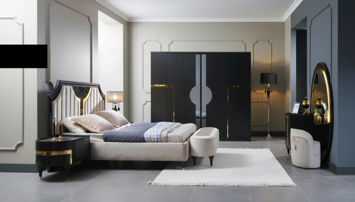 Schlofzëmmer Bett Nuetsdësch Kleederschaf Kommode Spigel Hocker Schwaarz 7-Deeler