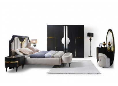 Schlofzëmmer Bett Nuetsdësch Kleederschaf Kommode Spigel Hocker Schwaarz 7-Deeler