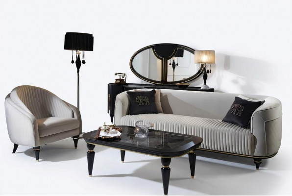Sofagarnitur 3+1 Sëtzer Stoft Sofa Couch Garnitur Design Gro Schwaarz Miwwelen 2tlg