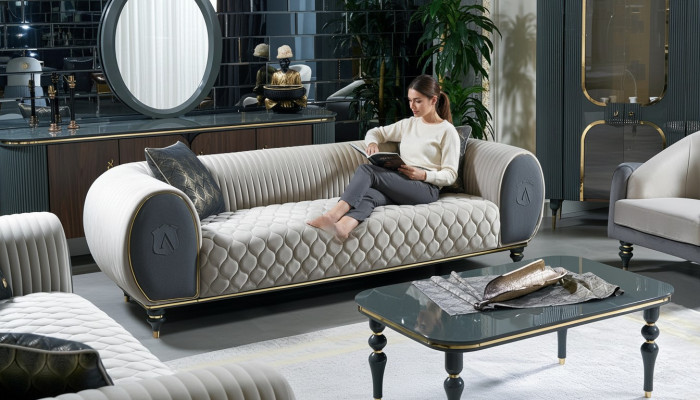 Dräisëtzer Sofa 3 Sëtzer Stoff Luxus Couch Sofa grouss Polster 230 cm Designer