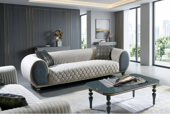 Dräisëtzer Sofa 3 Sëtzer Stoff Luxus Couch Sofa grouss Polster 230 cm Designer