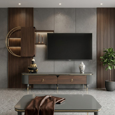 Holz Design TV Miwwel Regal Schief Schaf Wand Regal Wohnwand Schief Side Low Board