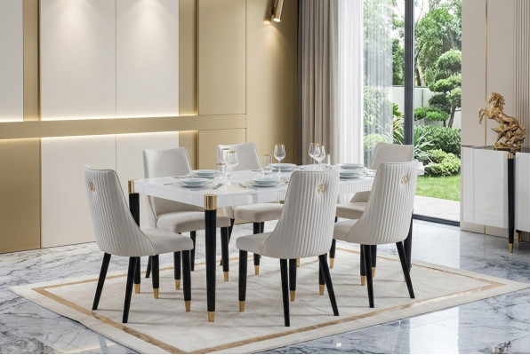 Iessgruppe Garnitur Set Komplett Design Lehnstuul 6x Still Polster Textil Stoff