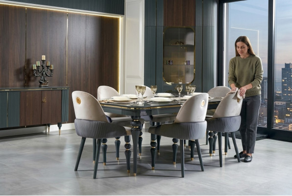 Iesszëmmer Set Iess Grupp Holz Dësch Dëscher Komplett 7-stëck Set Iessdësch 6x Stull.
